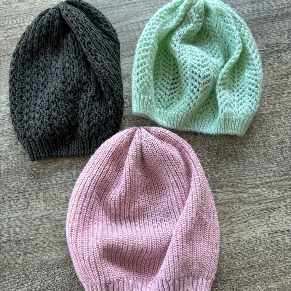 H&M and Forever 21 Trio of Knit Beanies - Charcoal, Light Green, Soft Pink